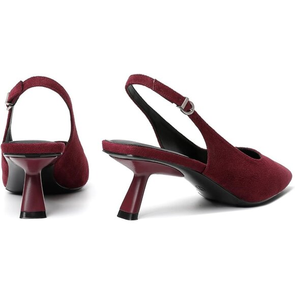 Mostrin Kitten Heels Burgundy Suede Low Slingback Heels with Buckle Dress Shoes - Picture 7 of 9